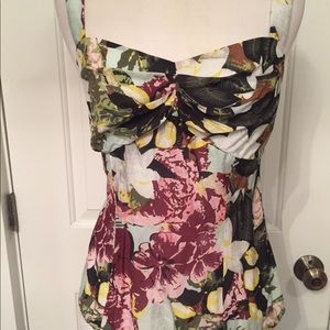 CAbi TOP TANK MULTI COLOR PINK WHITE GREEN FLORAL CINCHED BUST Size 2